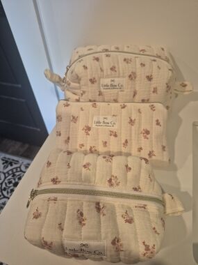 Cream Floral Quilted Cosmetics- 3 Piece Pouch SET